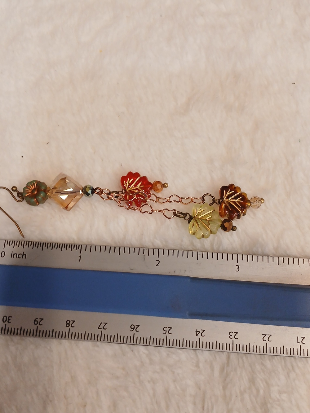 Bohemian Autumn Leaf Dangle Earrings in Green & Orange - Picture 2 of 2